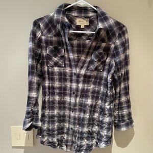Elizabeth And James Plaid Button Up Top Blouse with Back Button Detail